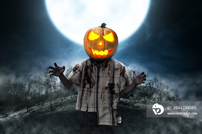 Zombie man with pumpkin head over full moon background