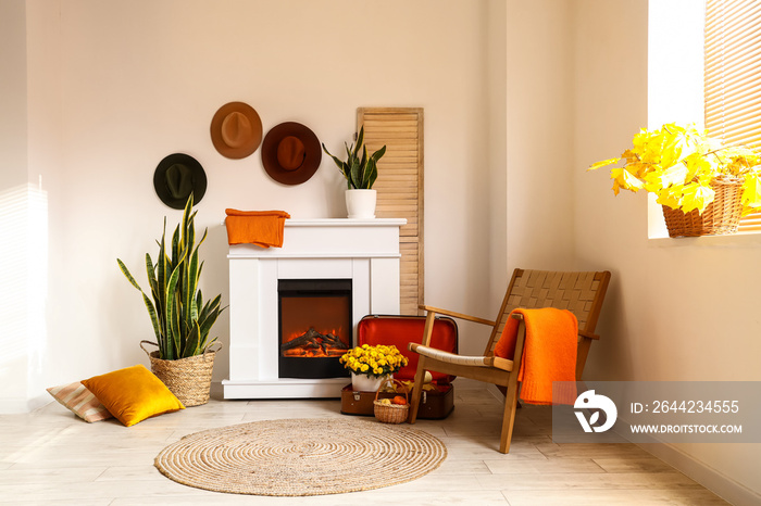 Interior of light room with modern fireplace, armchair and hats