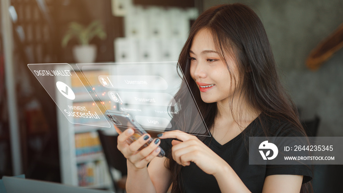 Asian Woman signs in on smartphone to access financial transactions digital cybercrime security syst