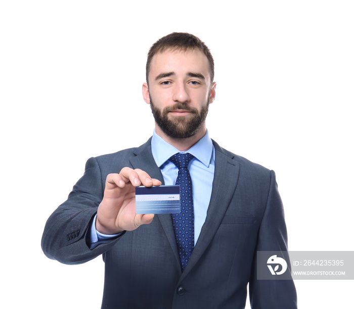 Man holding credit card on white background