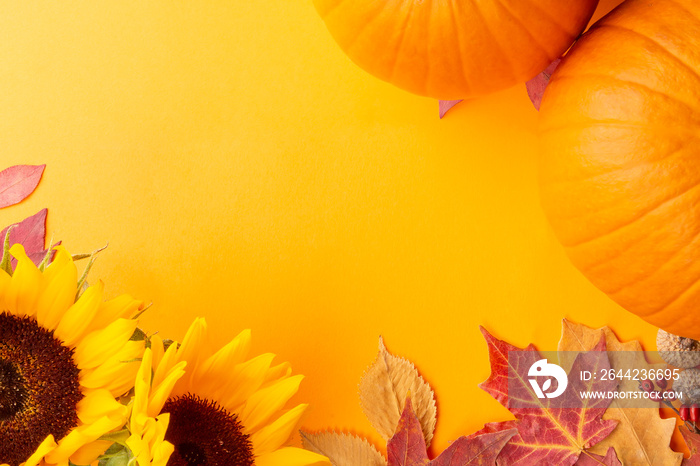 Clean warm autumn composition with copy space. There are pumpkins, sunflowers and fallen leaves.