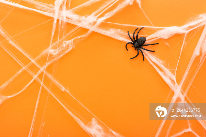 Halloween background with spider web and spiders as symbols of Halloween on the orange background. H