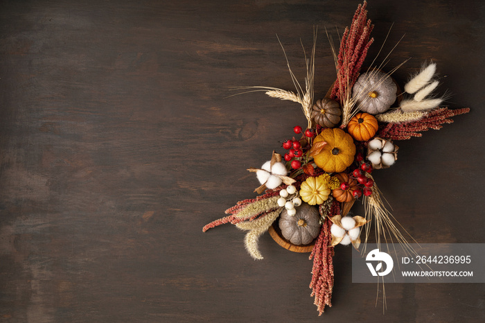 Rustic mockup with autumn table decoration.  Floral interior decor for fall holidays with handmade p