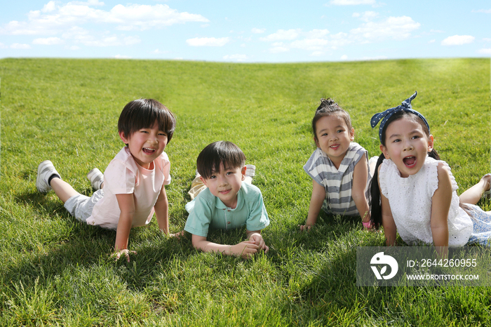 快乐的孩子趴在草地上