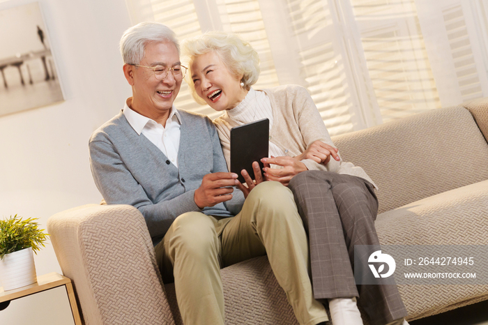 老年夫妇坐在沙发上使用平板电脑