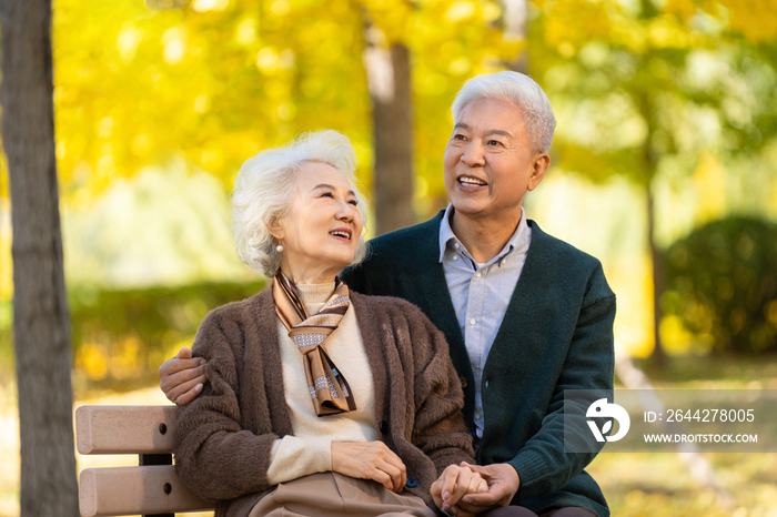 幸福的老年夫妇坐在长椅上