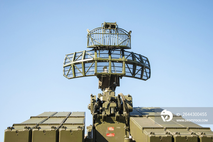 Air defense radar of military mobile mighty rocket launcher system on sky backgroud