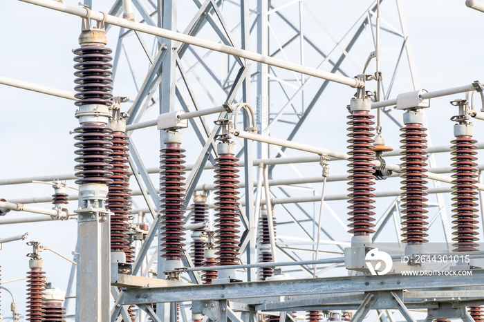 Many high voltage electrical insulators in power substation ,Energy supply to the community