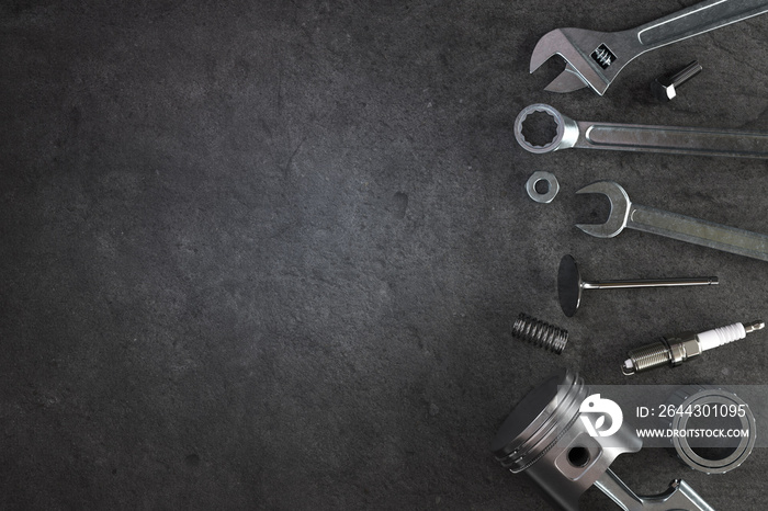 Set of mechanical tools on a Concrete background, Car repair equipment