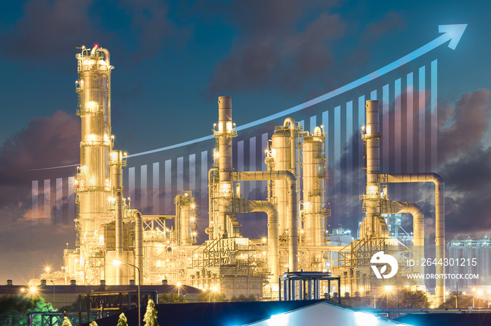 Oil gas refinery or petrochemical plant. Include arrow, graph or bar chart. Increase trend or growth of production, market price, demand, supply. Concept of business, industry, fuel, power energy.