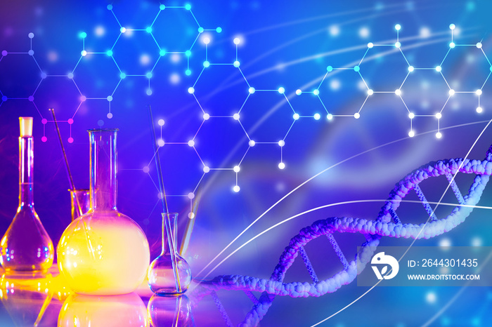 Studying genetic disease. Concept - the DNA chain symbolizes genetic disease. Test tubes next to human DNA helix. Research and treatment of genetic disease. Research of DNA mutations.