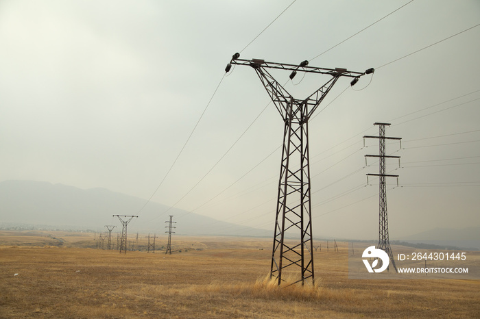 Transmission power line. High voltage tower