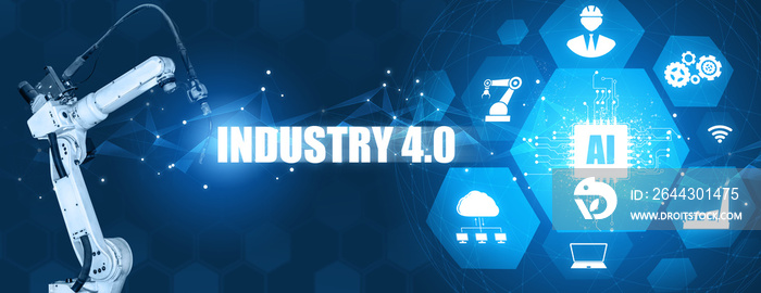 Smart industry robot arms for digital factory production technology showing automation manufacturing process of the Industry 4.0 or 4th industrial revolution and IOT software to control operation .