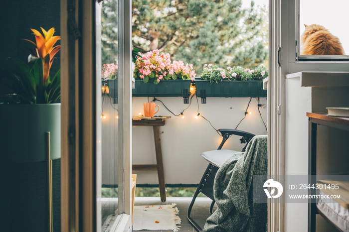 Cosy balcony with armchair, plaid, lights and many plants. Comfort home zone. Unplugging from technology. Autumn