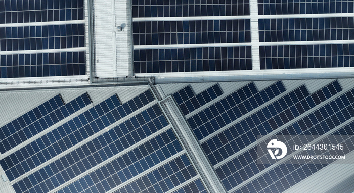 Aerial view of solar panels or photovoltaic module. Solar power for green energy. Sustainable resources. Solar cell panels use sun light as a source to generate electricity. Photovoltaics or PV.