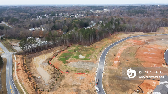 New subdivision planning, residential street and lot size slope and shape, earthmoving work ready for new construction outside Atlanta, GA, USA