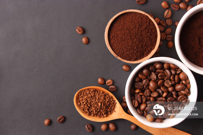 Different types of coffee top view. Coffee beans, instant and ground coffee. Fragrant coffee drinks. flat lay