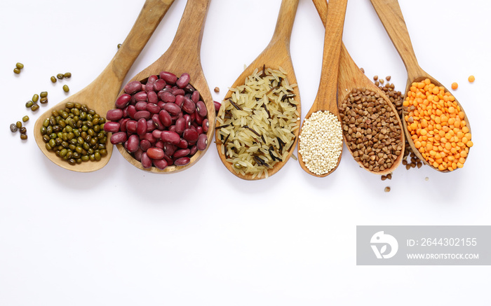 different cereals - beans, lentils, rice on a white background