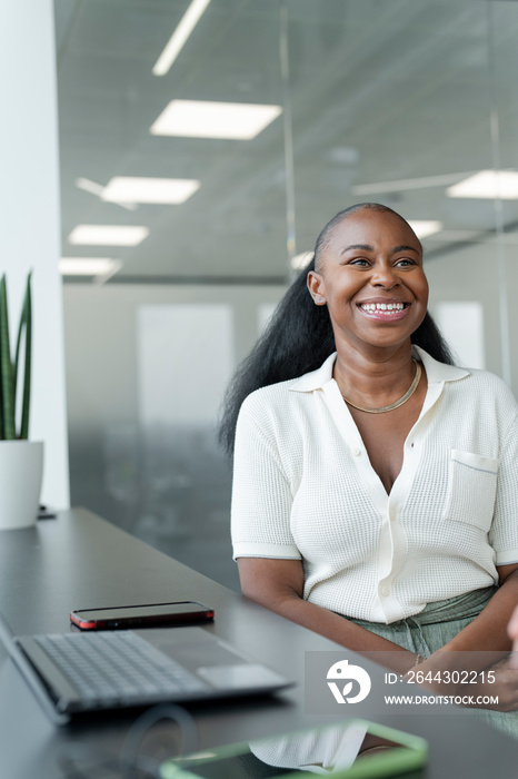 Businesswoman with laptop working in modern office