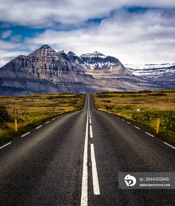 Beautiful Road 1 around Iceland (view of Bulandstindur mountain in Eastern Iceland between the bays Berufjordur and Hamarsfjordur)