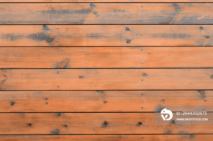 Varnished wood background from cabin exterior. Brown wood barn plank