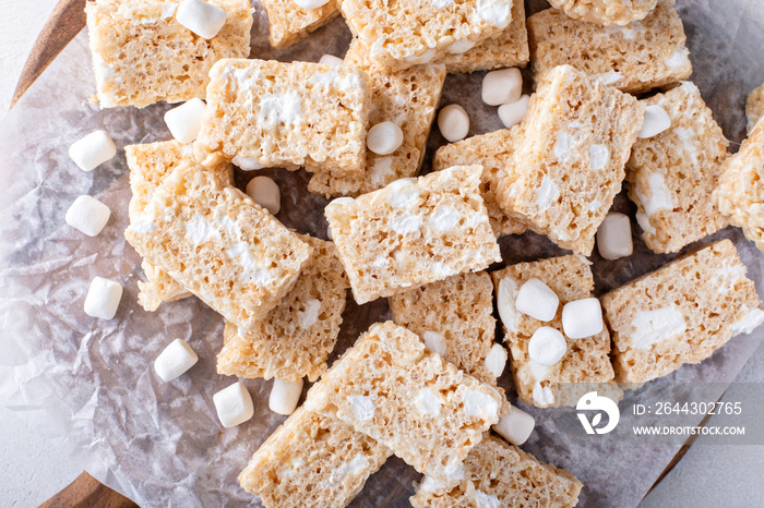 Traditional rice crispy treats cut up on the table