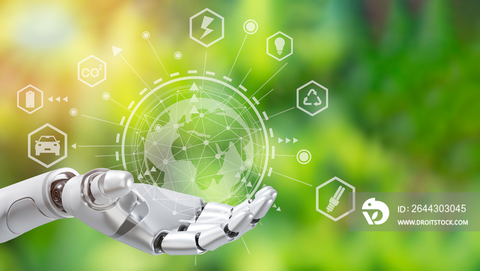 Robot arm holding earth on green tree background,Environment concept, Artificial Intelligence and Technology ecology concept.