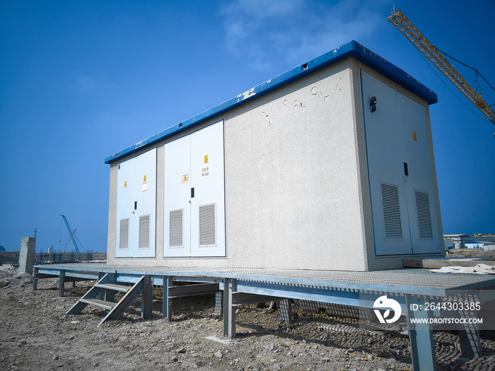 Electrical relay cabin controller. Transformer substation at construction site.