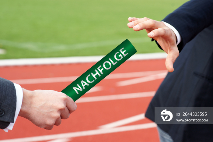 Businessman passes baton with german word Nachfolge means succession