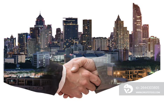 The double exposure image of the business man handshaking with another one during sunrise overlay with cityscape image. The concept of modern life, business, city life and teamwork.