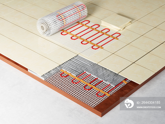 Realistic 3d render underfloor heating. Electric floor heating system