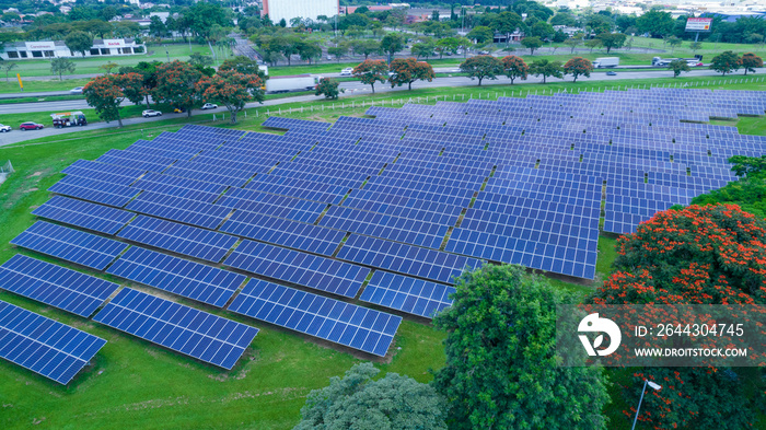 Aerial view of solar panels in Sao Jose dos Campos, Brazil. Many renewable energy panels