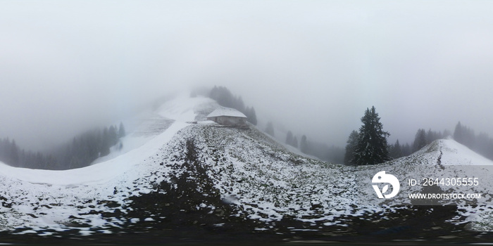 Snowfall in winter Switzerland alps, 360 vr panorama