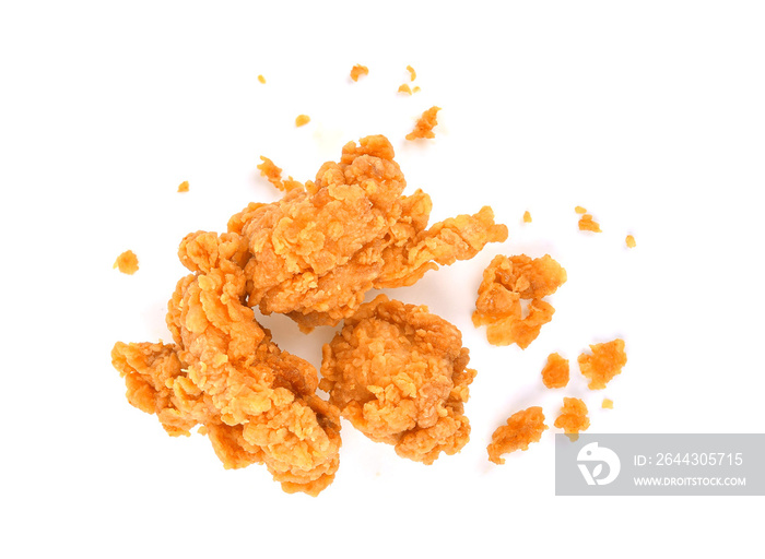 Fried popcorn chicken with crumbs isolated on white background. Top view