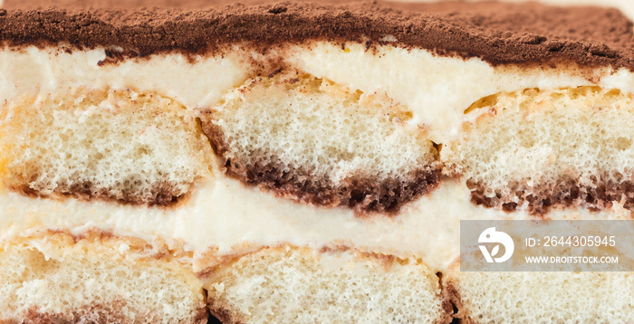 Close-up of tiramisu cake as a textured background. Traditional Italian no-bake dessert made of savoiardi, filled with mascarpone cheese, coffee espresso and sprinkled with cocoa powder. Macro shot