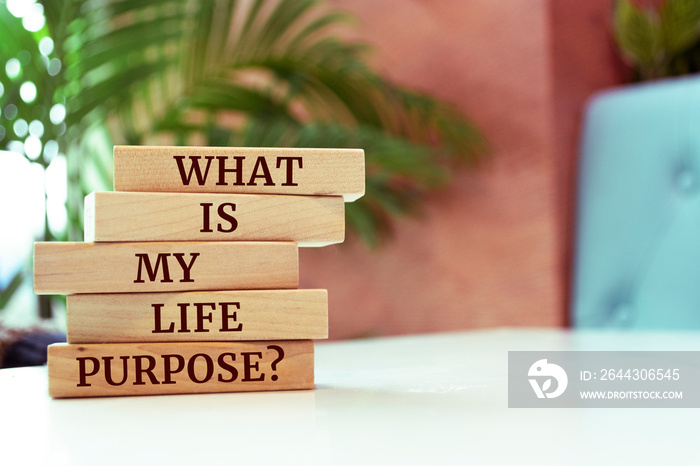 Wooden blocks with words ’What is my life purpose question’.