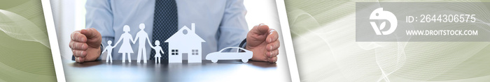 Concept of family, home and car insurance; panoramic banner