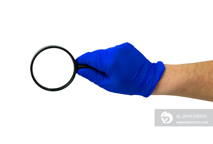 doctor’s hand in blue glove with magnifying glass,  isolat