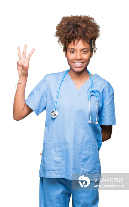 Young african american doctor woman over isolated background showing and pointing up with fingers number three while smiling confident and happy.