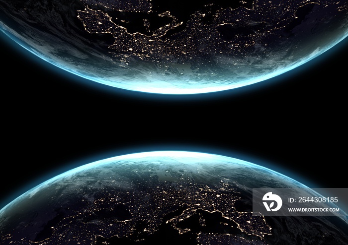 Composition of two globes with glowing continents seen from space