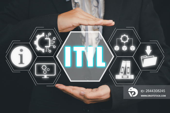 ITIL, Information Technology Infrastructure Library concept, Person hand holding Information Technology Infrastructure Library icon on virtual screen.