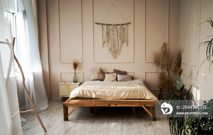 Boho Style Bedroom Interior. Beautiful Interior In The Style Boho. Sleeping With Soft Pillows