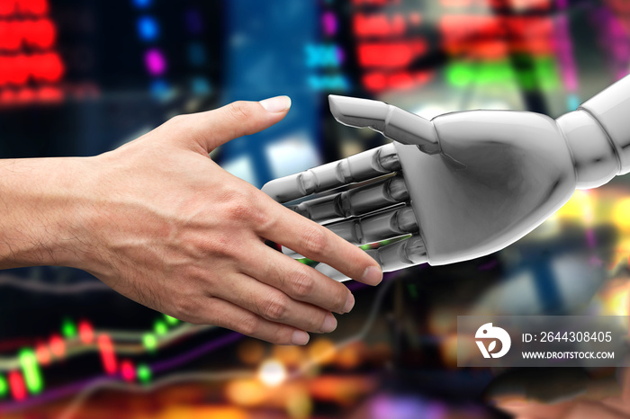 Artificial intelligence (AI) advisor or robo-advisor in stock financial market technology. Shaking hands of male investor and 3d rendering robot. Abstract graph stock exchange background.