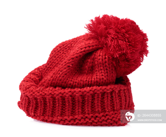 Red Knit Wool Hat with Pom Pom isolated on white background