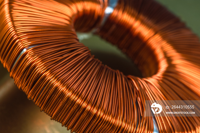 Electric transformer copper coil inductor close-up