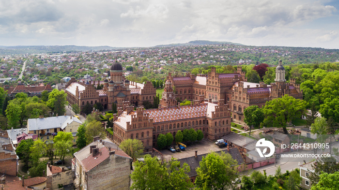 Aerial view of Residence of Bukovinian and Dalmatian Metropolitans. Chernivtsi National University. Chernivtsi touristic destination of Western Ukraine.