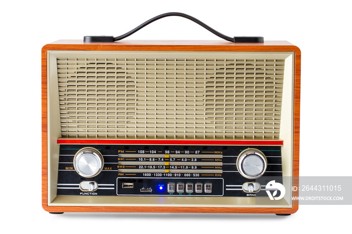 Vintage radio receiver with clipping path isolated on white background.