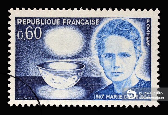 Stamp printed in the France shows Marie Sklodowska Curie (1867-1934), bowl glowing with radium, physicist and chemist, 1967