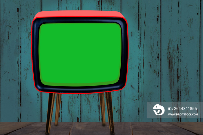old Vintage analog TV with green blank screen, 1970-1980, concept obsolescence, modernization or technological revolution, background for designer with copy space