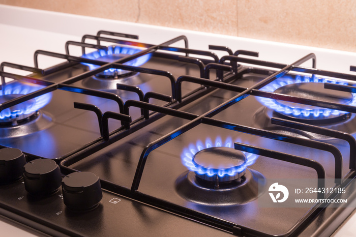 Gas burner on black modern kitchen stove